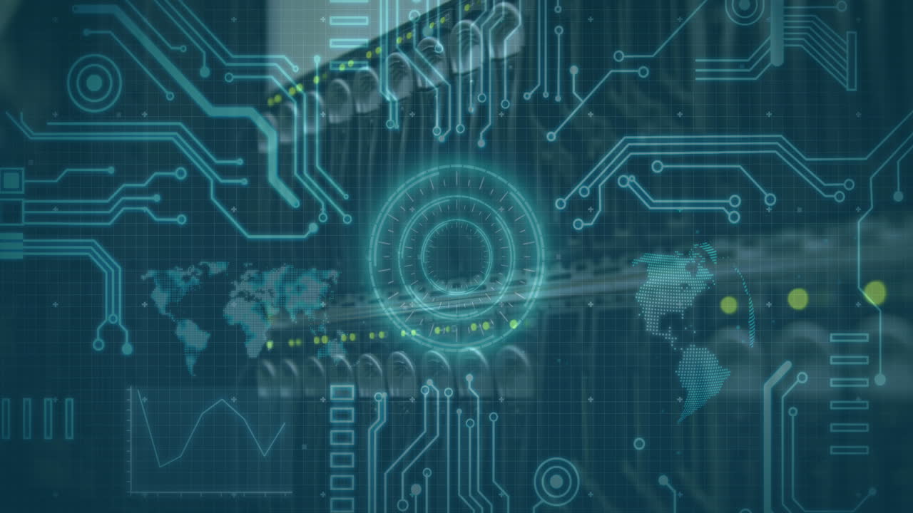 Animation of scope scanning, world map and computer elements over computer server