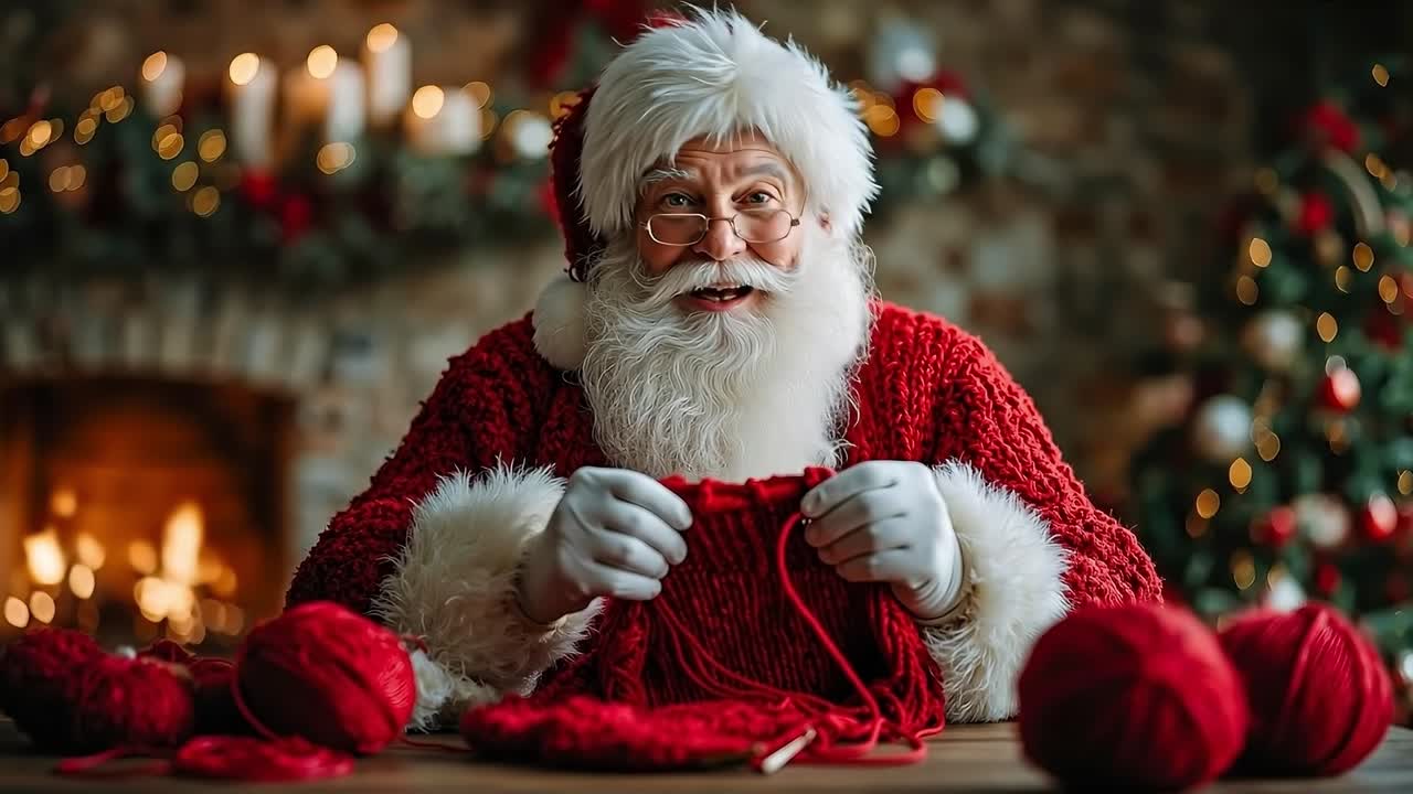 A man dressed as Santa Claus sitting at a table with a ball of yarn