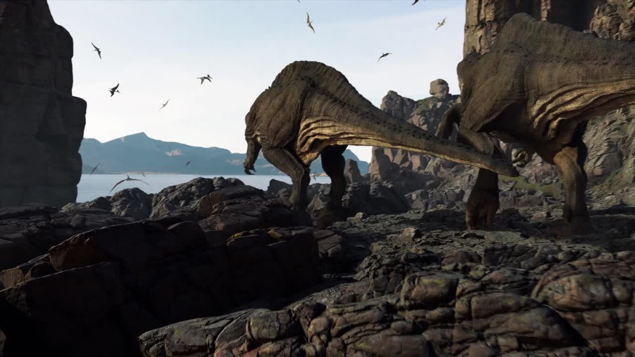 렉스 티라노사우루스 공이 사냥한 먹이를 에 고 있는 3d 애니메이션