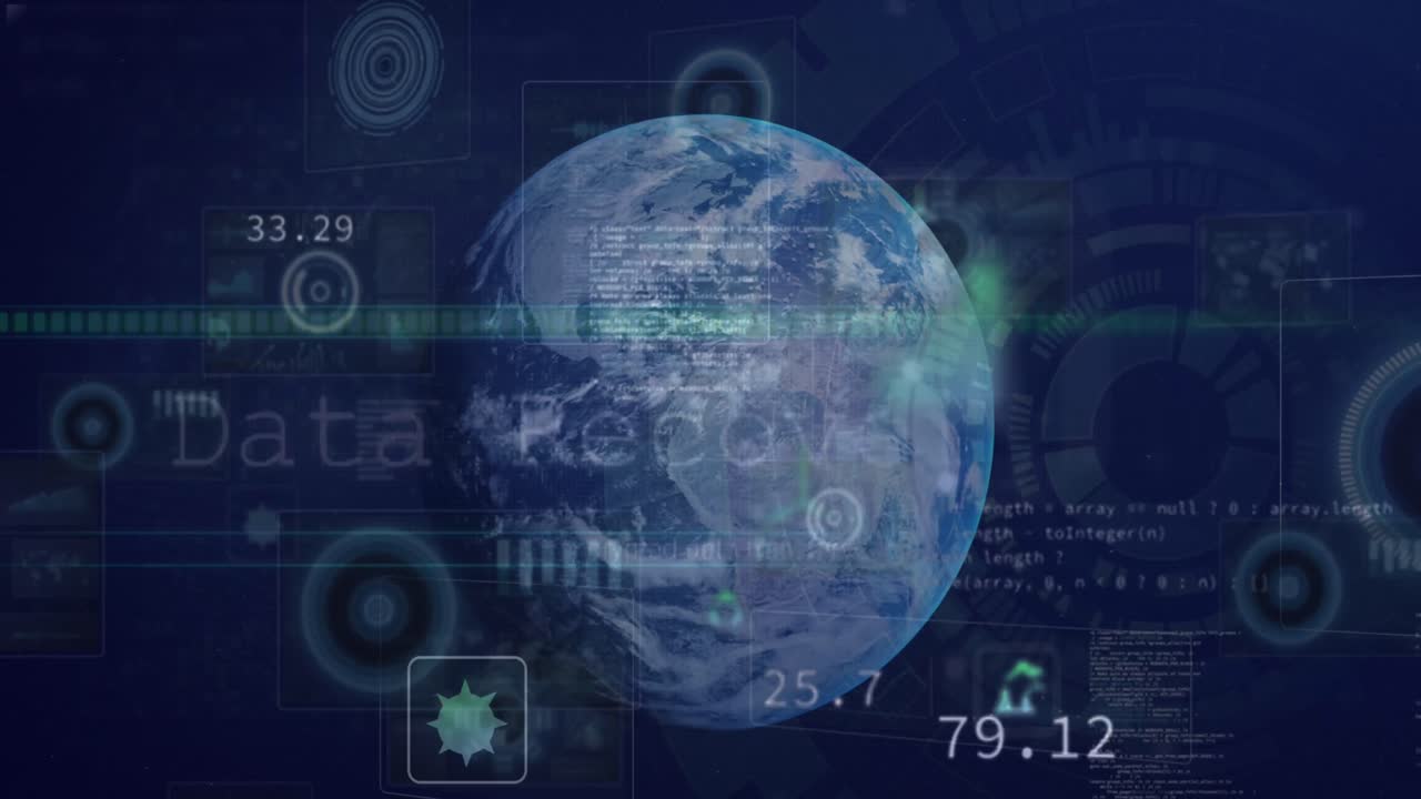 Animation of diverse data and icons moving over globe on navy background