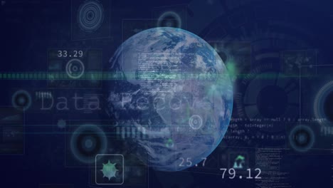 animation of diverse data and icons moving over globe on navy background