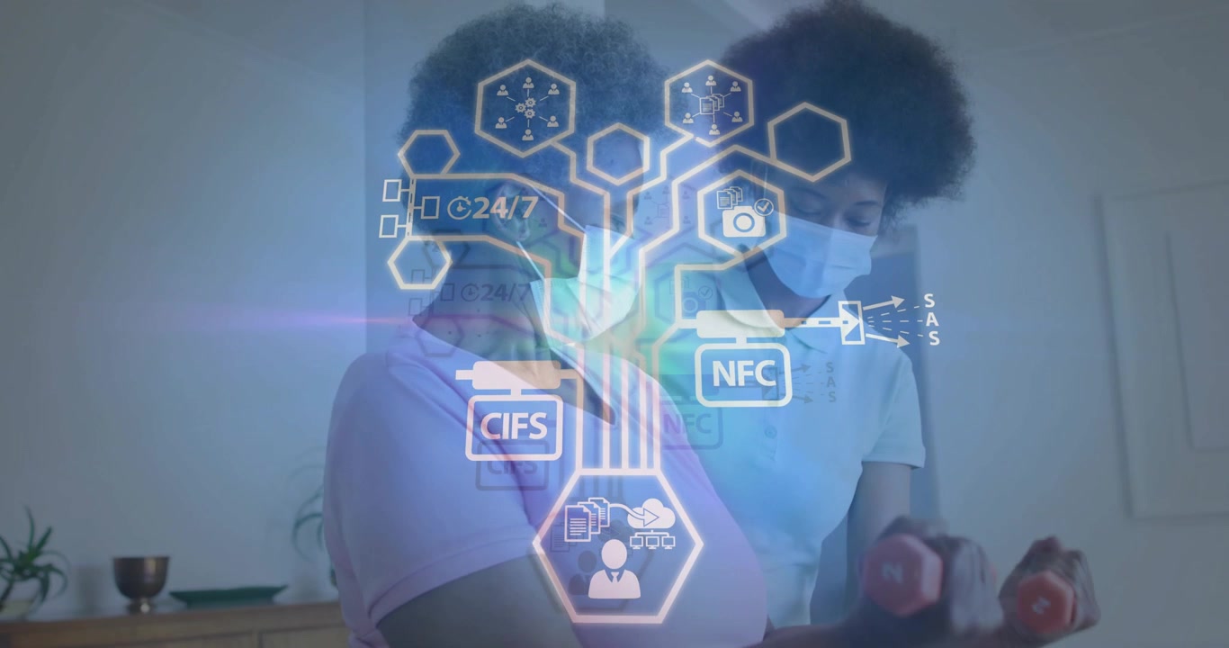 Senior woman lifting dumbbell, caregiver supporting arm, HUD expanding with CIFS or NFC data for reh