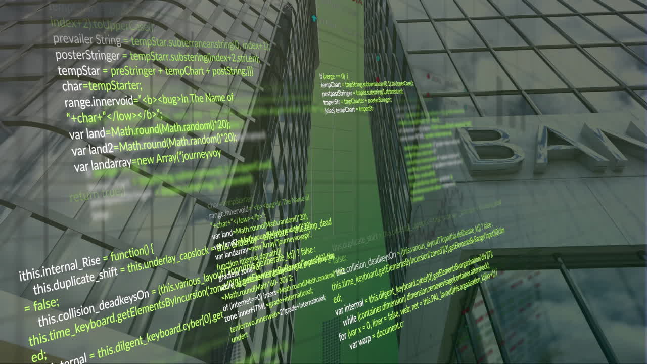 Animation of financial data processing over bank buildings