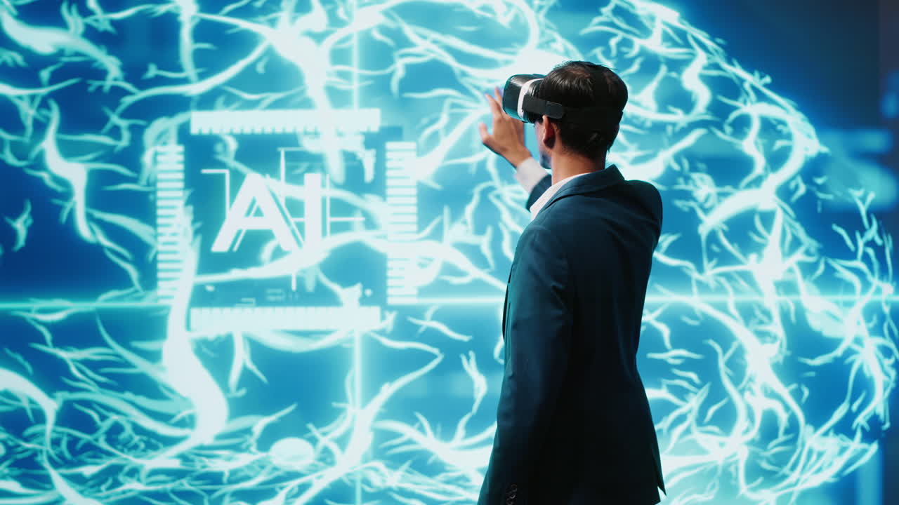 Computer scientist wearing VR headset interacting with AI visualization