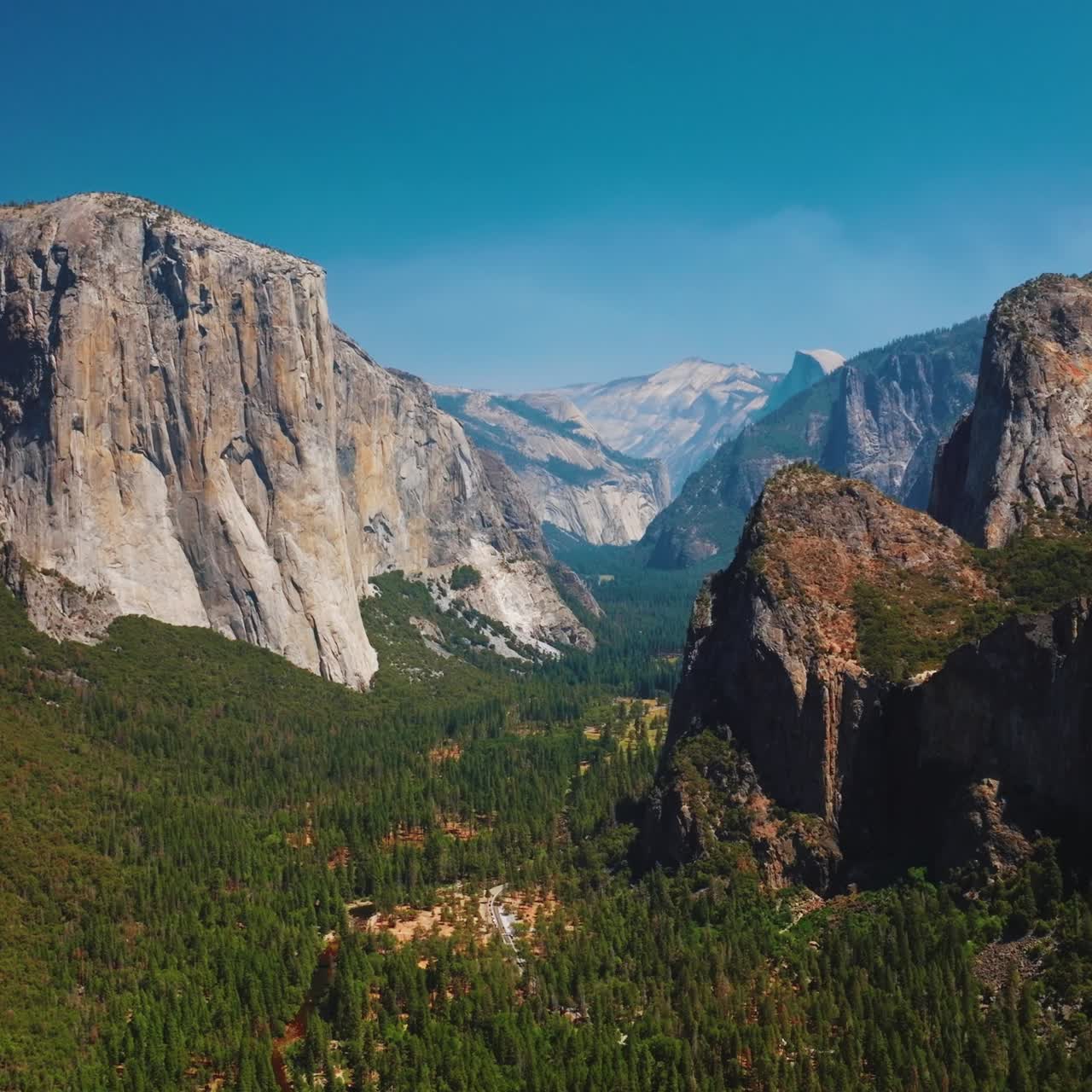 Mountain California landscapes. Aerial view of forest and river in Yosemite National Park