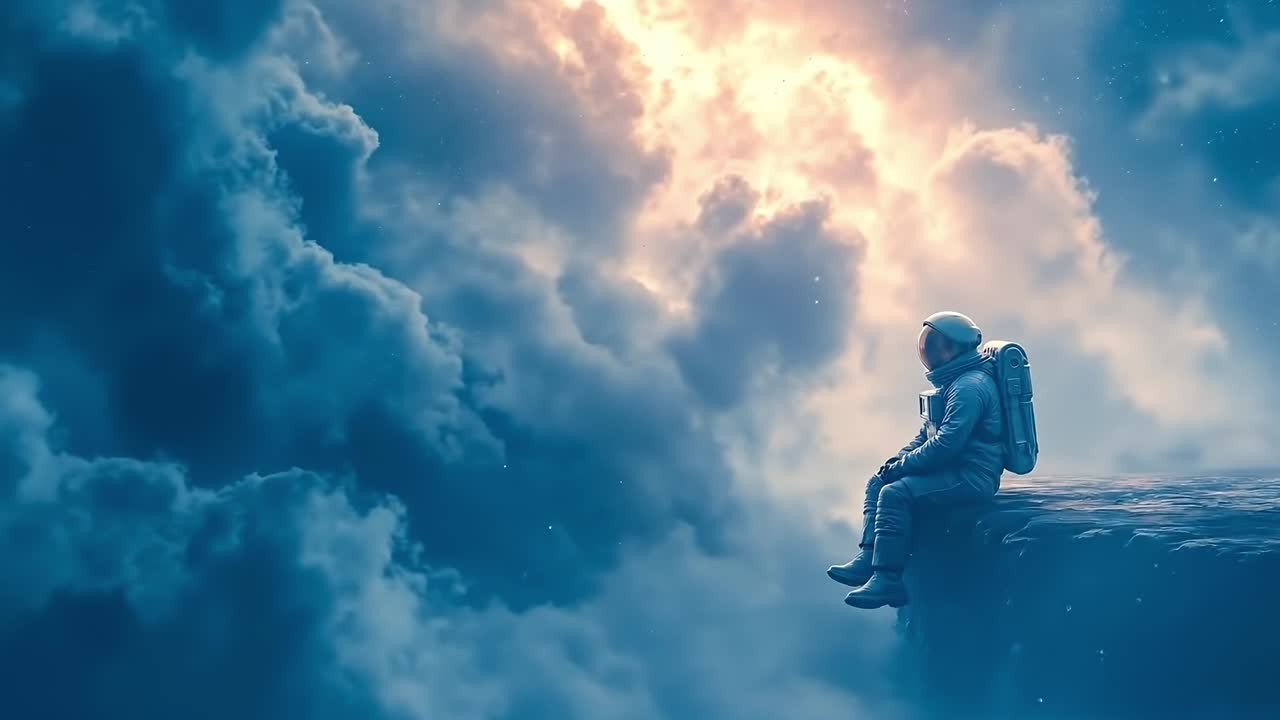 A man sitting on top of a cliff looking out into the sky