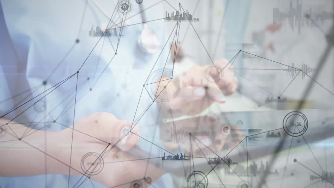 Business professionals touching tablet in office, featuring floating bar charts and network nodes
