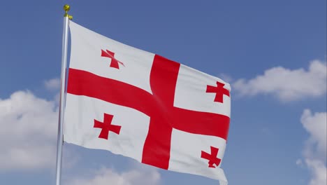 Flag-Of-Georgia-Moving-In-The-Wind-With-A-Clear-Blue-Sky-In-The-Background,-Clouds-Slowly-Moving,-Flagpole,-Slow-Motion