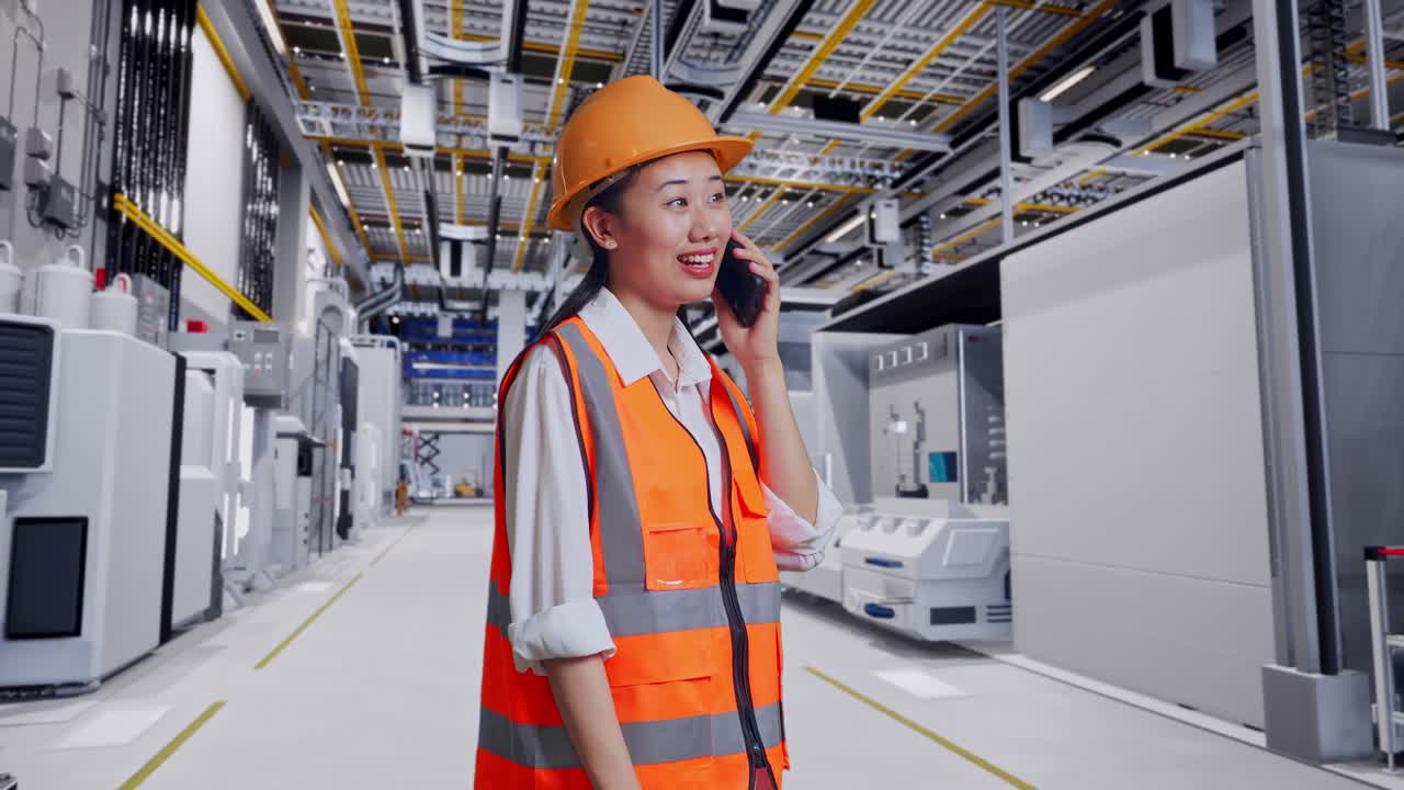 현대 공장에서 전화로 이야기하는 여성 엔지니어