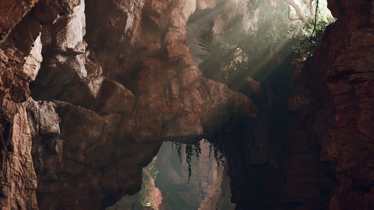 rayos de sol iluminando una cueva exuberante