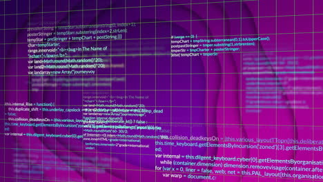 Animation of data processing over glowing grid on purple background