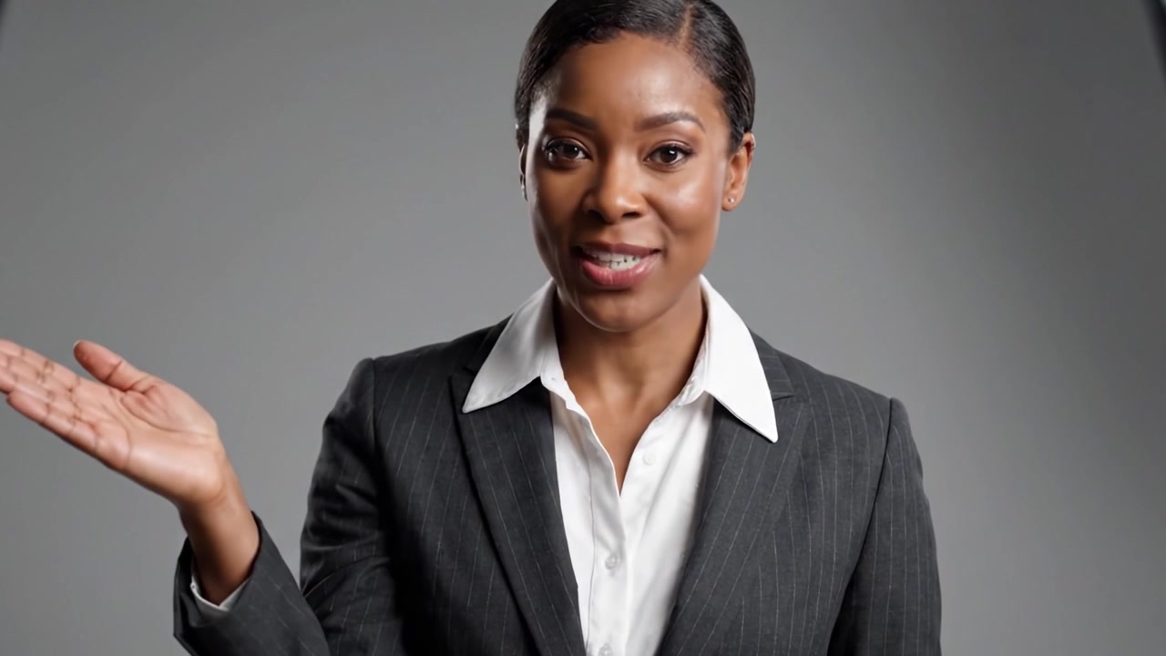 A Professional Woman Engaging with Confidence: From Greeting with a Smile to a Proud, Empowered Stance in a Polished Business Attire