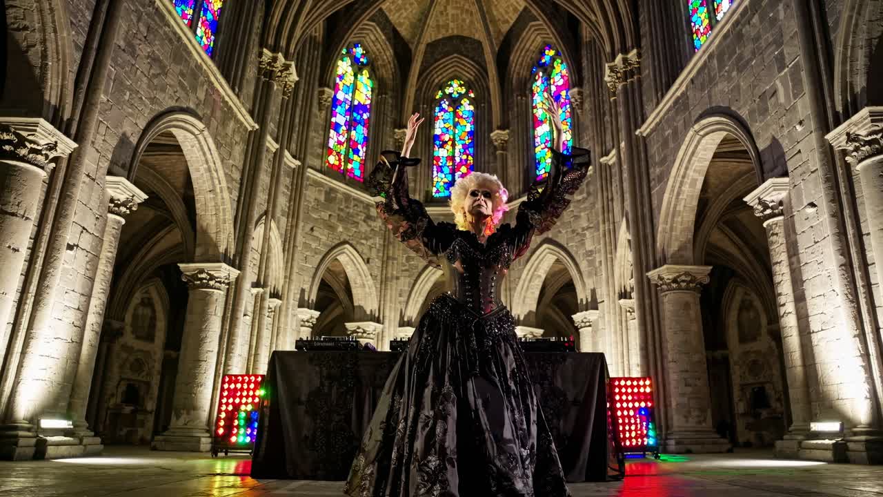 Performance Dramática em Igreja Gótica com Vitrais e Luzes Coloridas
