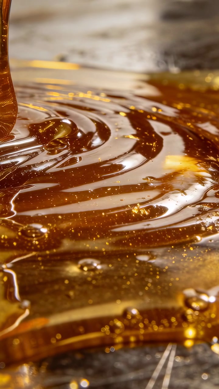 Vertical video: Pouring amber syrup forming coils on dark slab, inflow building bead with bubbles