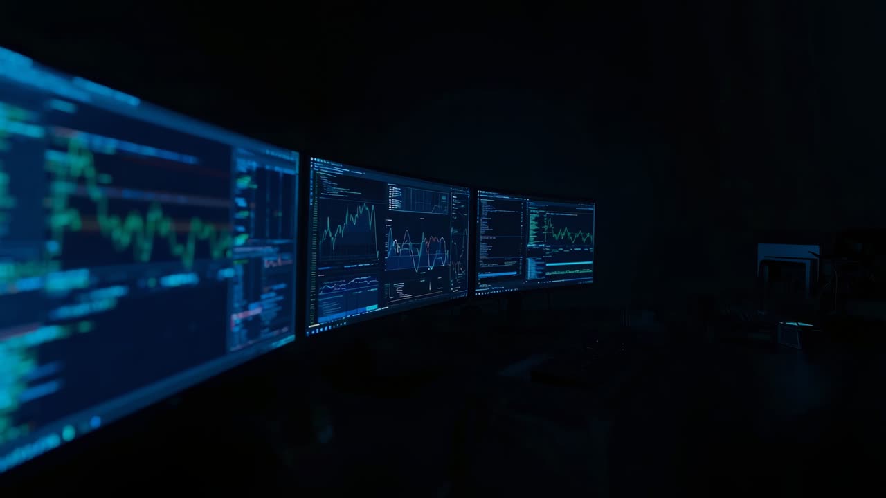 Inquadratura stabile che mostra tre monitor curvi che aggiornano codice e grafici di dati su una scrivania con tastiera