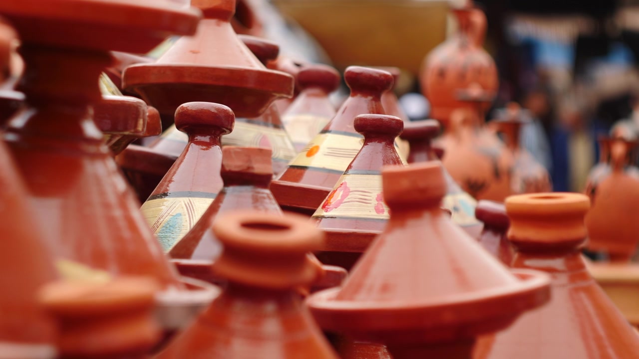 Tagines Pottery on Moroccan Street Market, Shallow Depth of Field