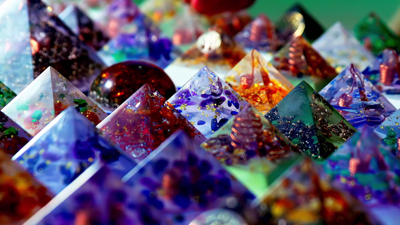 Colorful resin pyramids display crystal art with copper coils in a vibrant craft setting