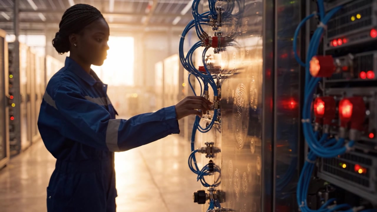 Technician Adjusts Equipment in High-Tech Facility, Highlighting Advanced Machinery and Electrical Components with Busy Cables and Bright Indicators During Golden Hour