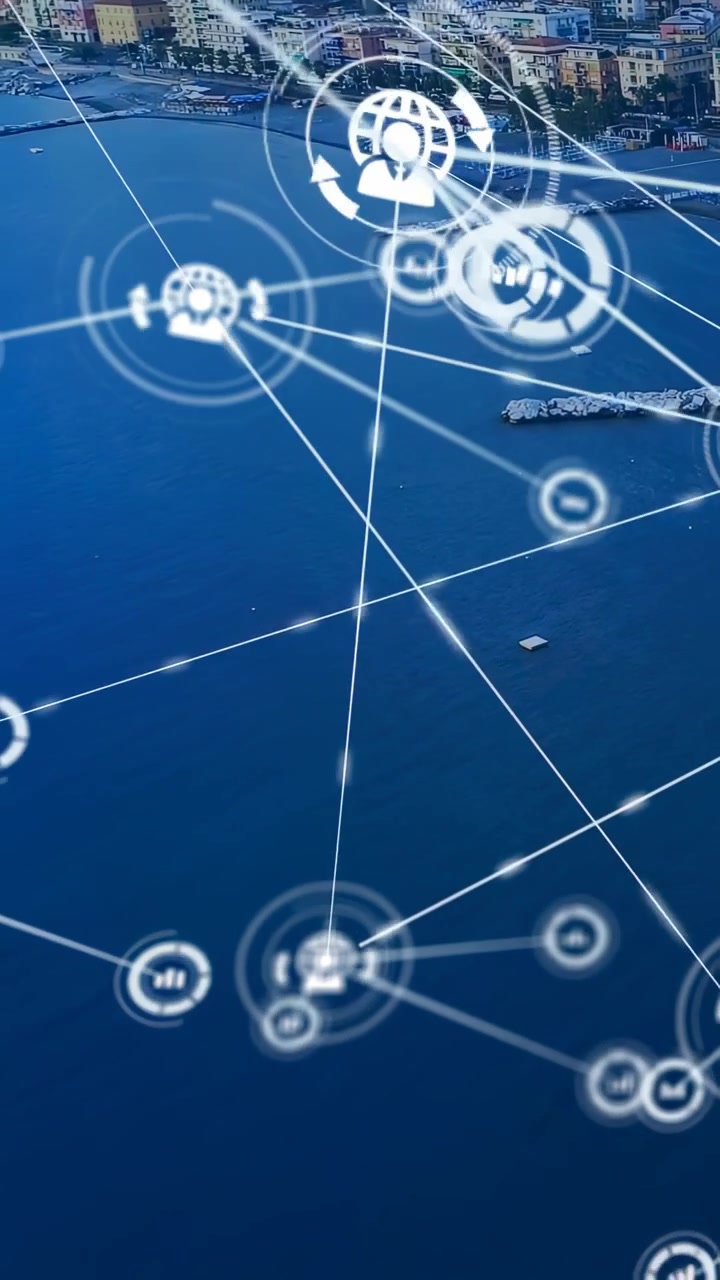 Vertical video: Bright line sparking tech overlay over bay, linking node icons to map coverage