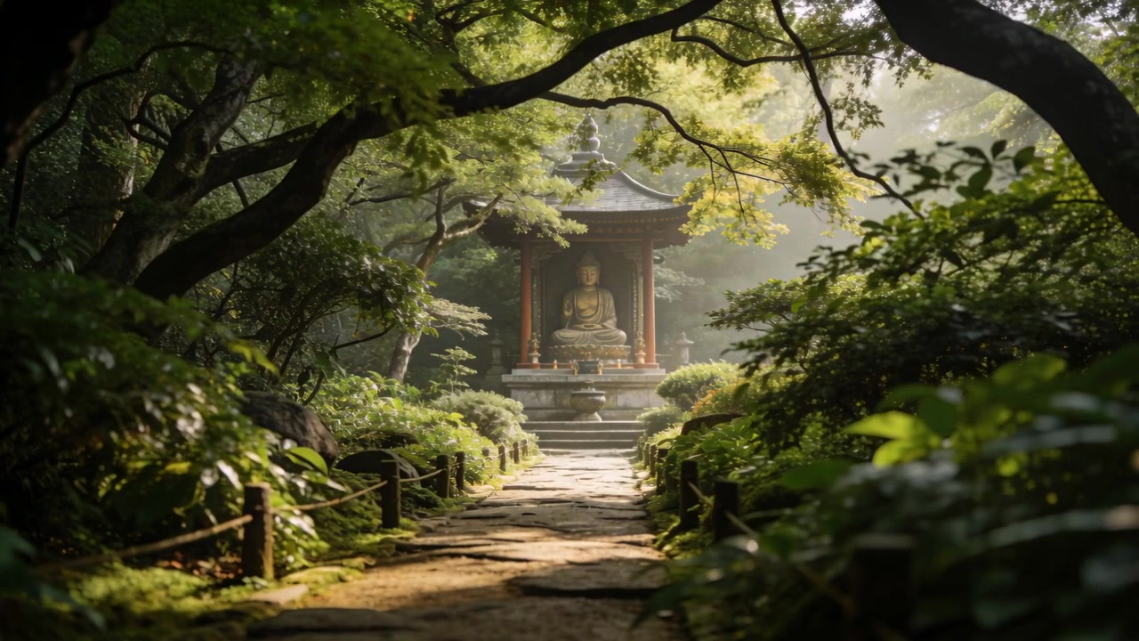 Skubber kamera fremad langs stensti i tempelhave, afslører mosbegroet helligdom og siddende Buddha.