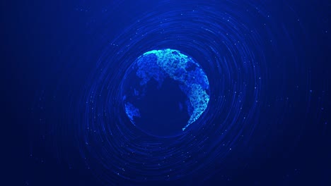 Futuristic animation rotating digital globe surrounded by spiral light flares sense of motion and