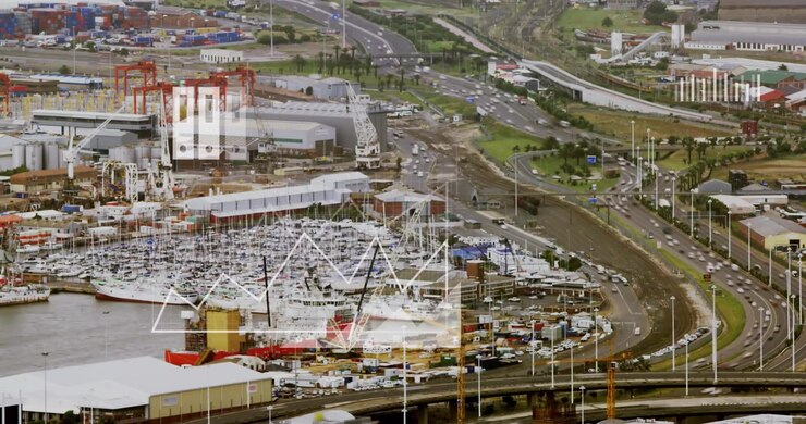 Animation of multiple icons over parked boats and time lapse of moving vehicles on street