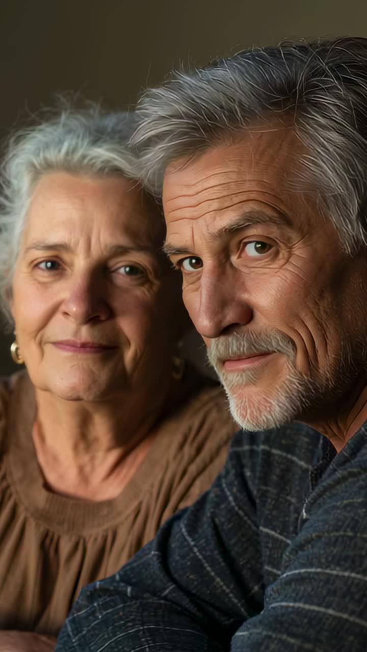 Vídeo vertical: Casal de idosos posando para um retrato em casa, usando brincos de argola de ouro.