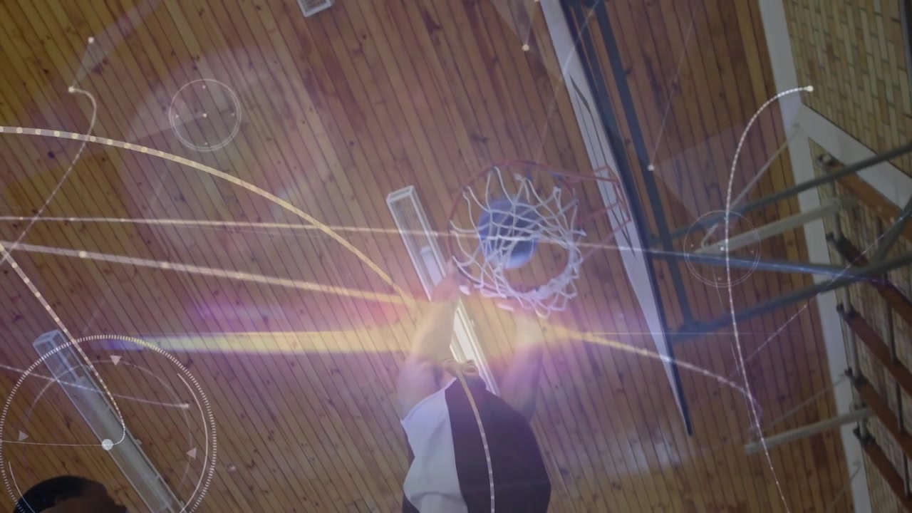 Male athletes spiking ball over net in sports court, with animated analytics graphs and stats