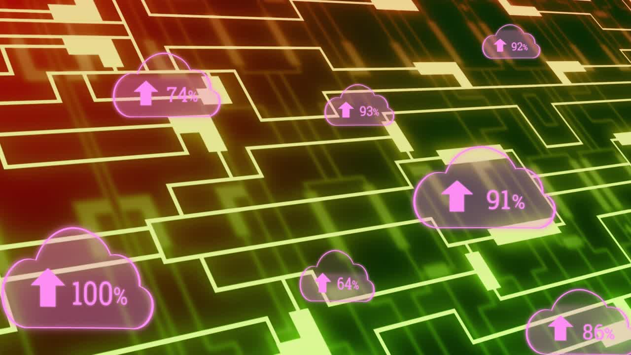 animación de iconos y formas de nubes sobre fondo negro