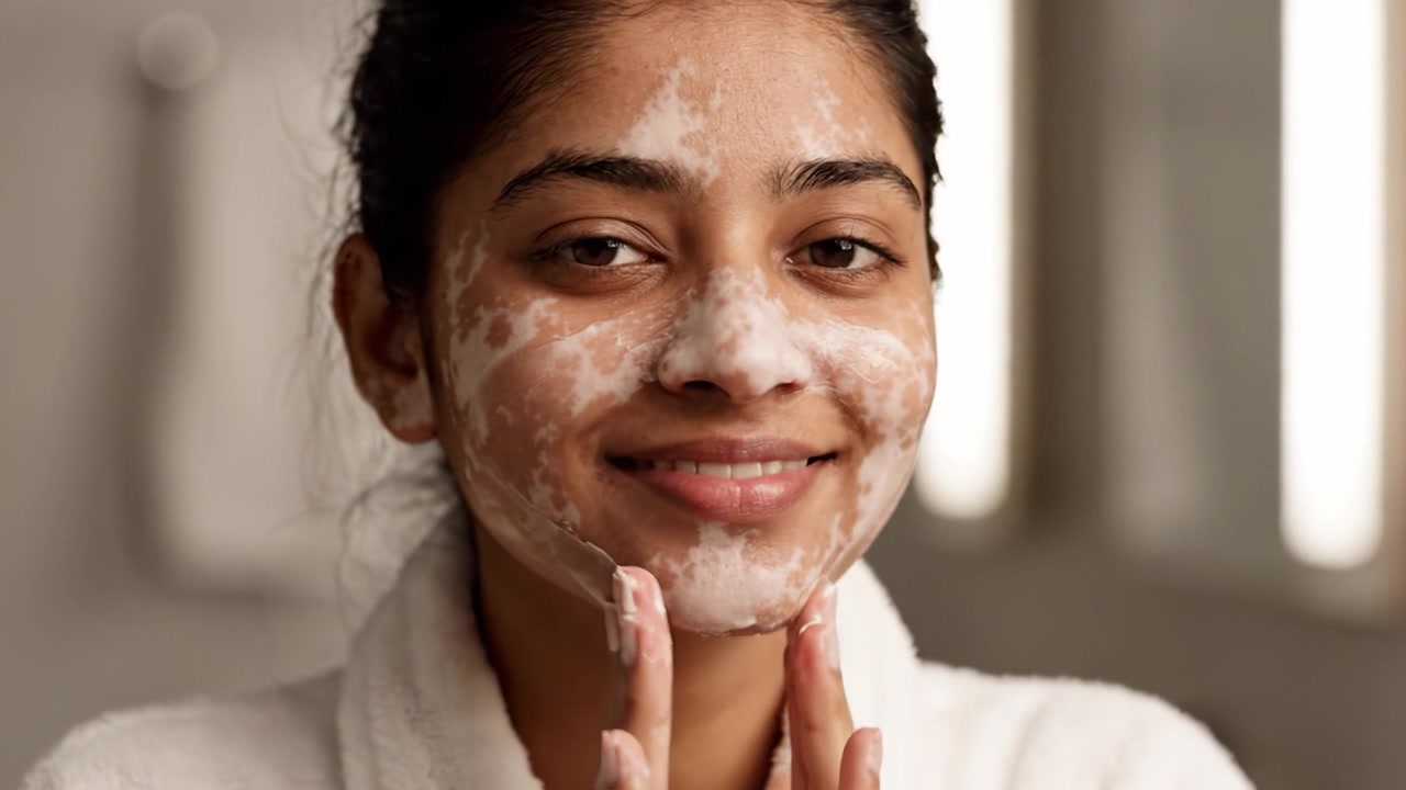 Skincare Routine: A Young Woman Enjoys a Cleansing Foam Facial Treatment While Smiling and Pampering Herself at Home in a Relaxing Atmosphere, Emphasizing Self-Care and Wellness.