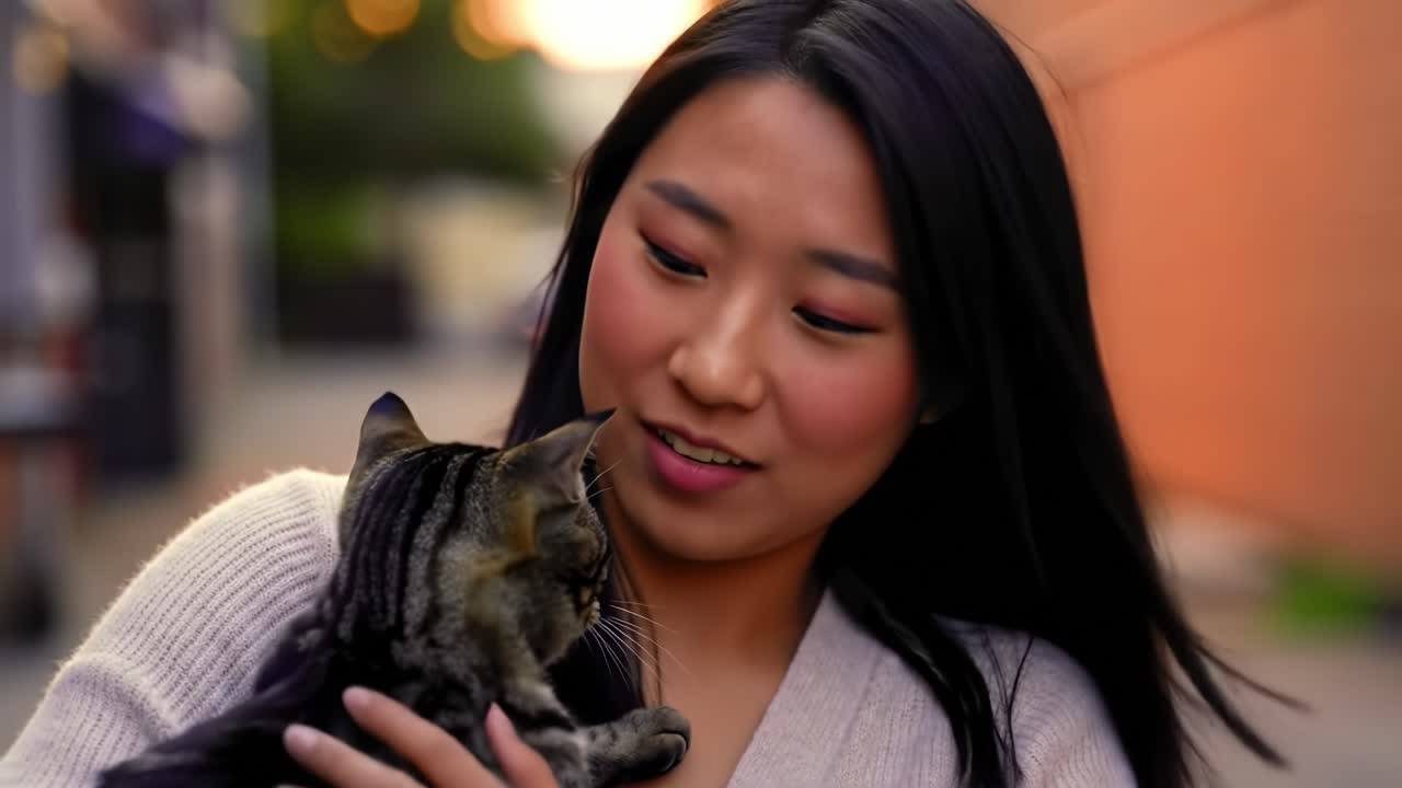 A Heartwarming Moment: A Woman Shares a Tender Connection with Her Adorable Cat in a Sunset Scene, Capturing the Joy of Companionship and Love