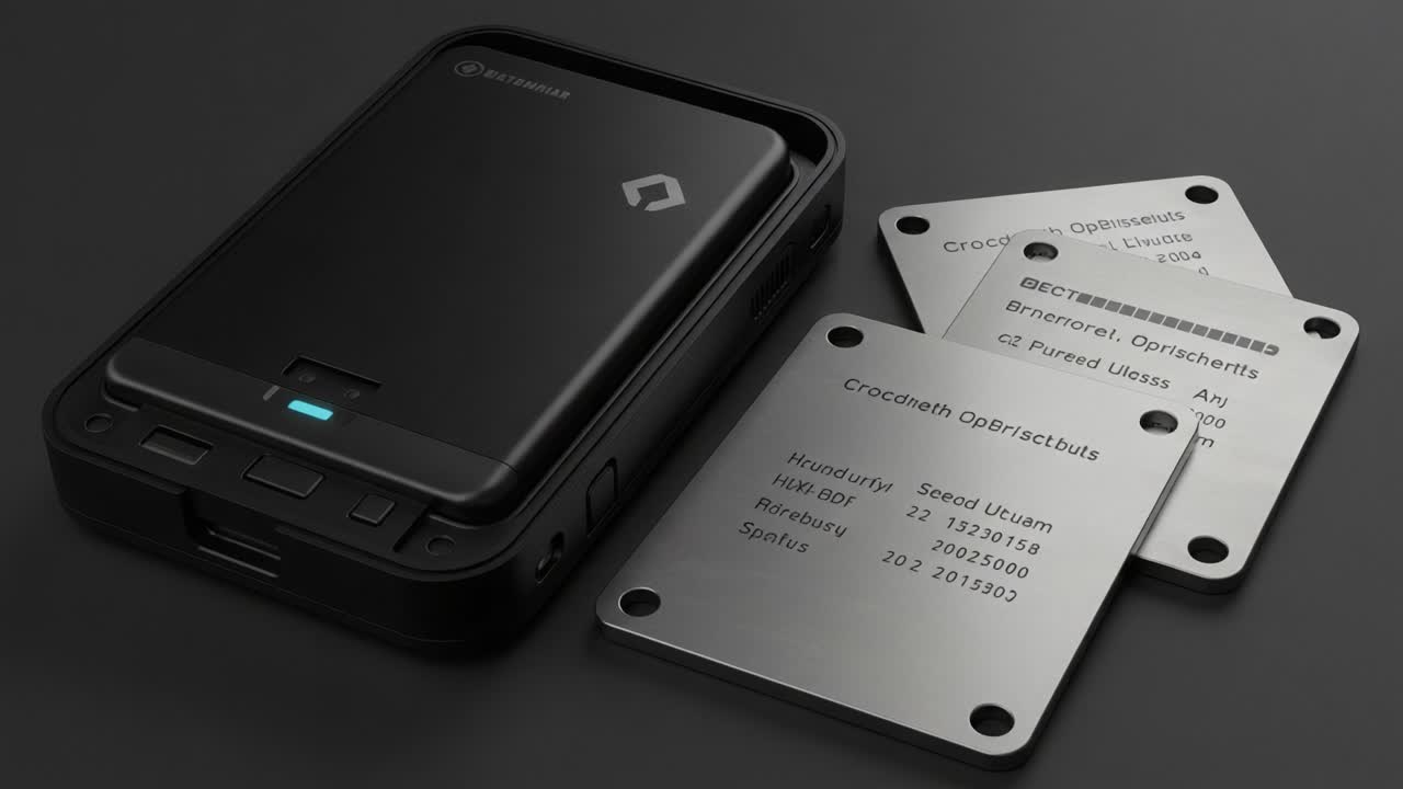 Close-Up of a Modern Portable Battery Charger with Custom Metal Cards Showcasing Technical Specifications and Design Details in a Sleek Arrangement