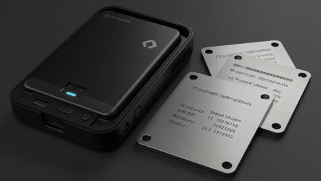 close-up of a modern portable battery charger with custom metal cards showcasing technical specifications and design details in a sleek arrangement