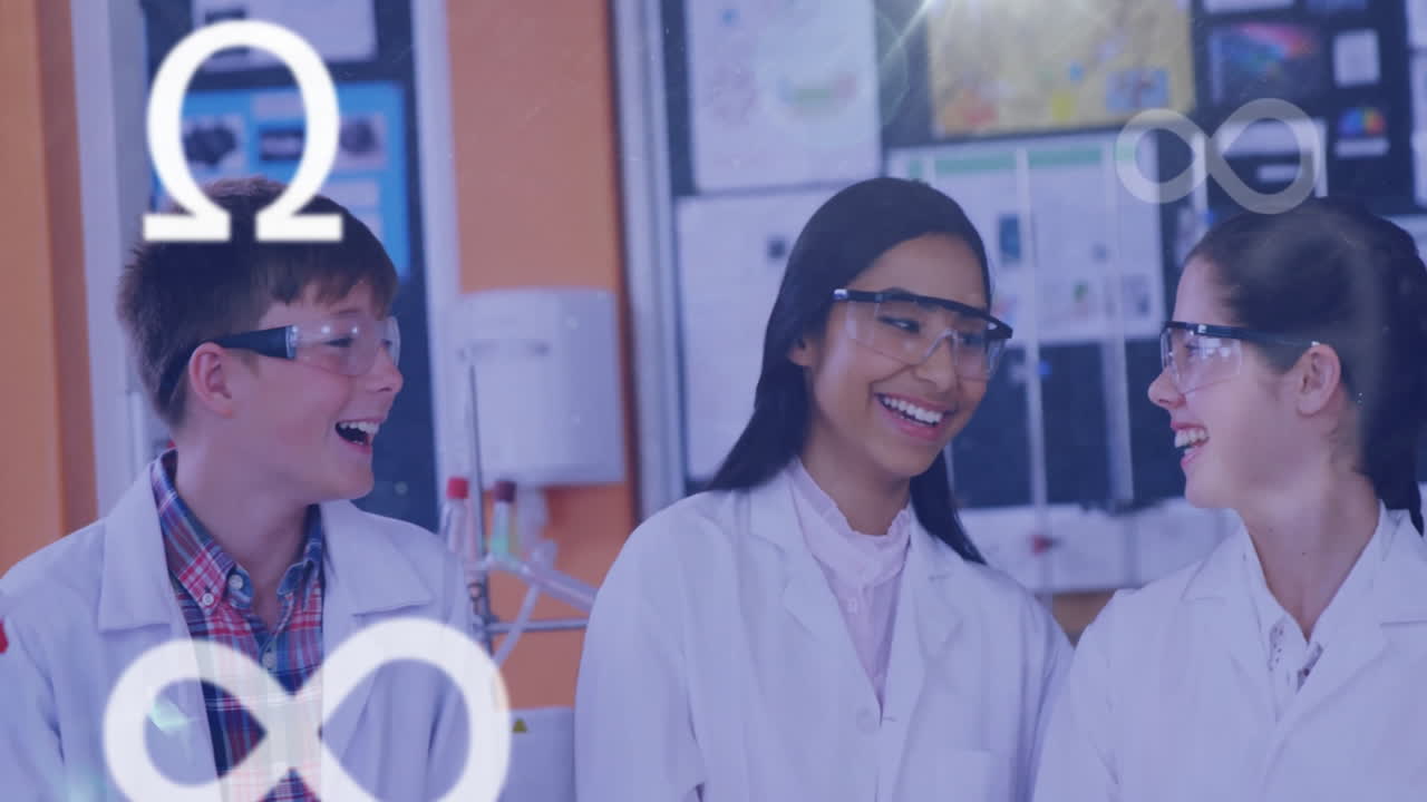 실험실에서 다양한 어린이 과학자들에 대한 과학적 데이터 처리의 애니메이션