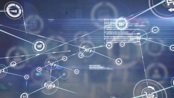 Animation of network of digital icons and data processing against blue background