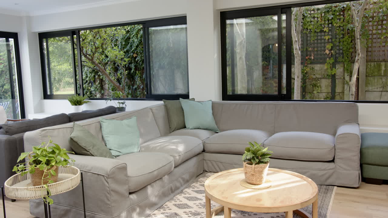 Modern living room with gray sectional sofa, green pillows, and indoor plants, copy space