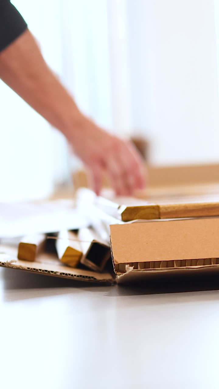 Hands unpack wooden items from a cardboard box in a well-lit, minimalist environment, highlighting careful handling and organization