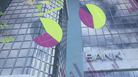 animation of financial data processing over bank building