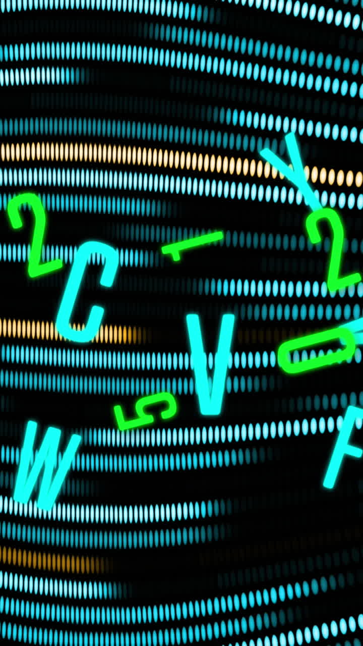 animación de letras y números sobre puntos sobre fondo negro