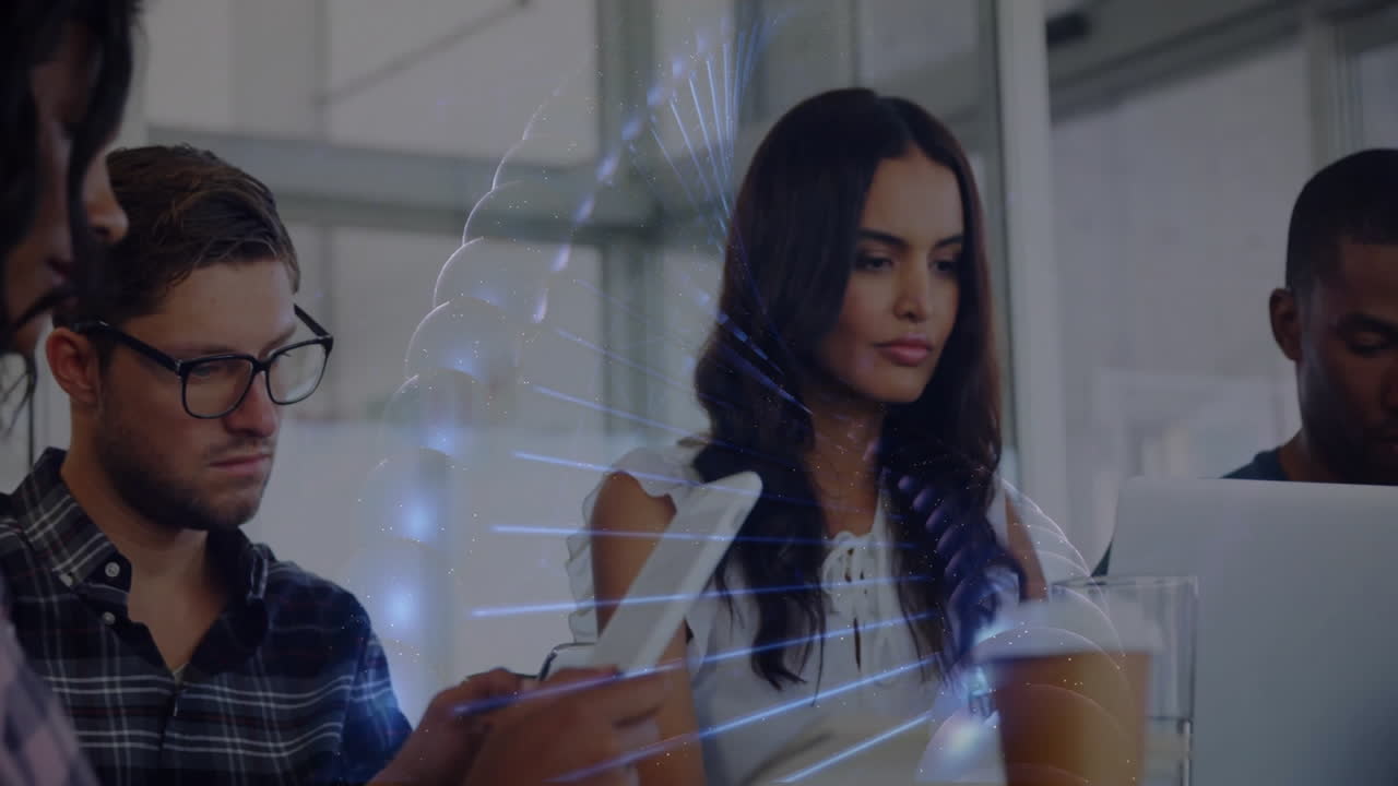 In office, team collaborating on digital animation and data visualization project