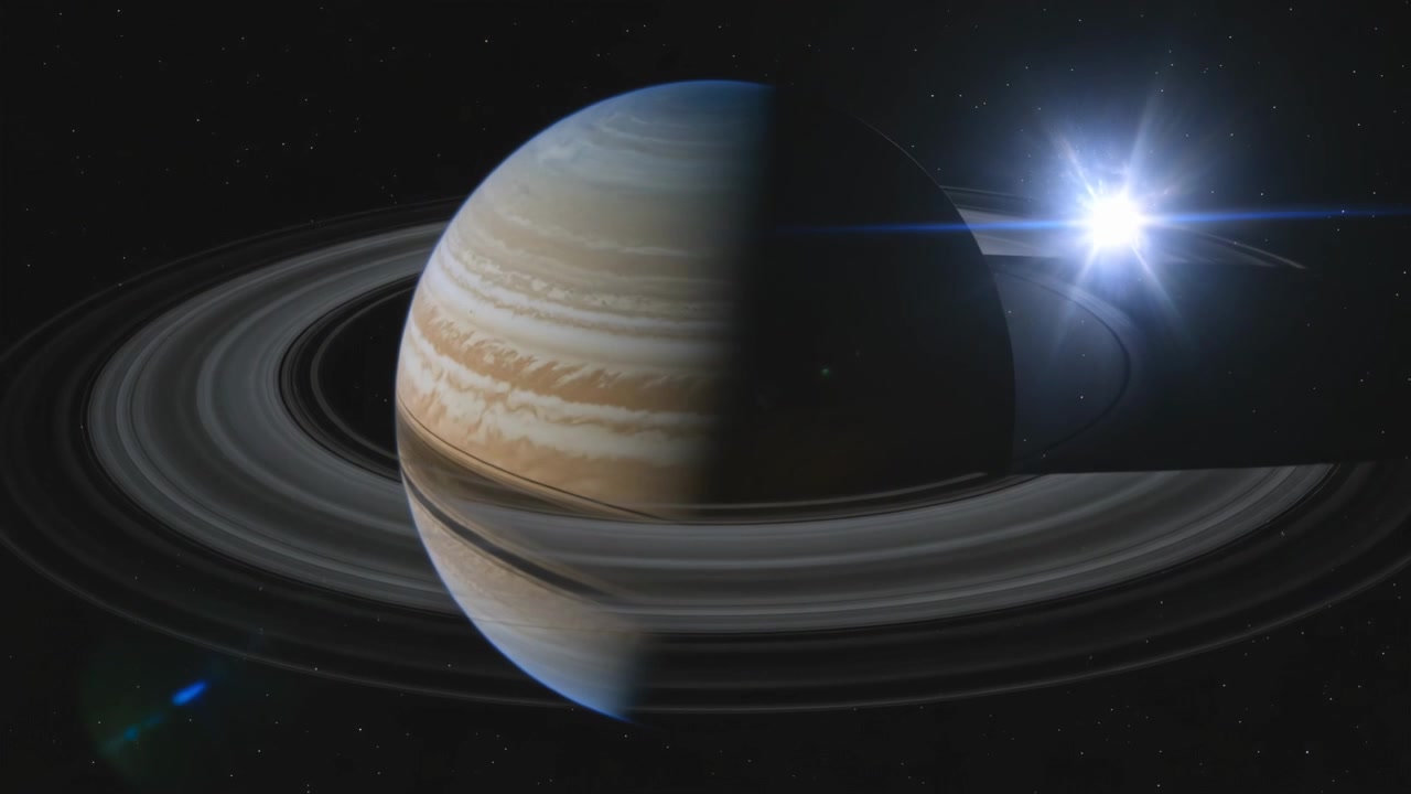 Star flaring ringed gas giant rotating revealing lit side in space lens flare terminator shifting