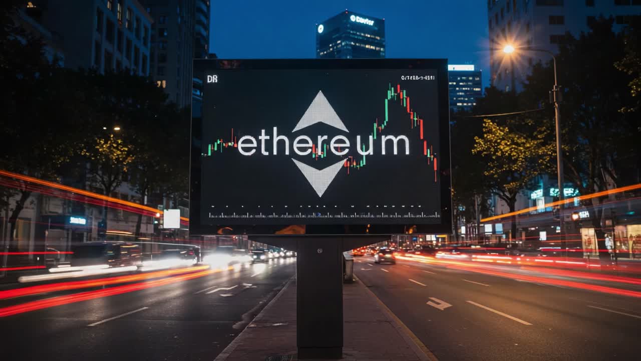 Dynamic Urban Scene Featuring an Ethereum Advertisement on a Billboard at Night, Highlighting Cryptocurrency Trends Amidst City Traffic