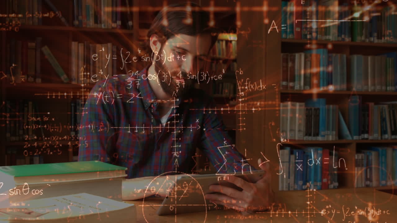 estudiante usando una tableta en una biblioteca