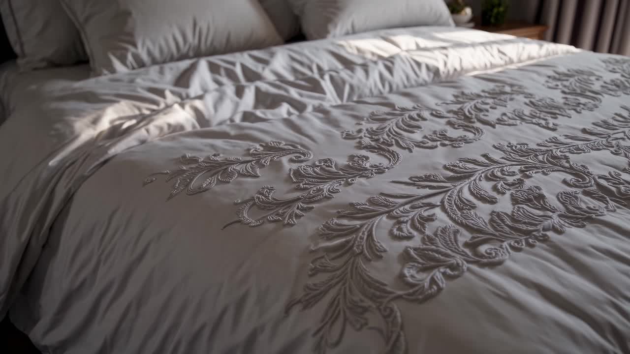 Scena di camera da letto accogliente con biancheria elegante, ripresa da un'angolazione laterale.