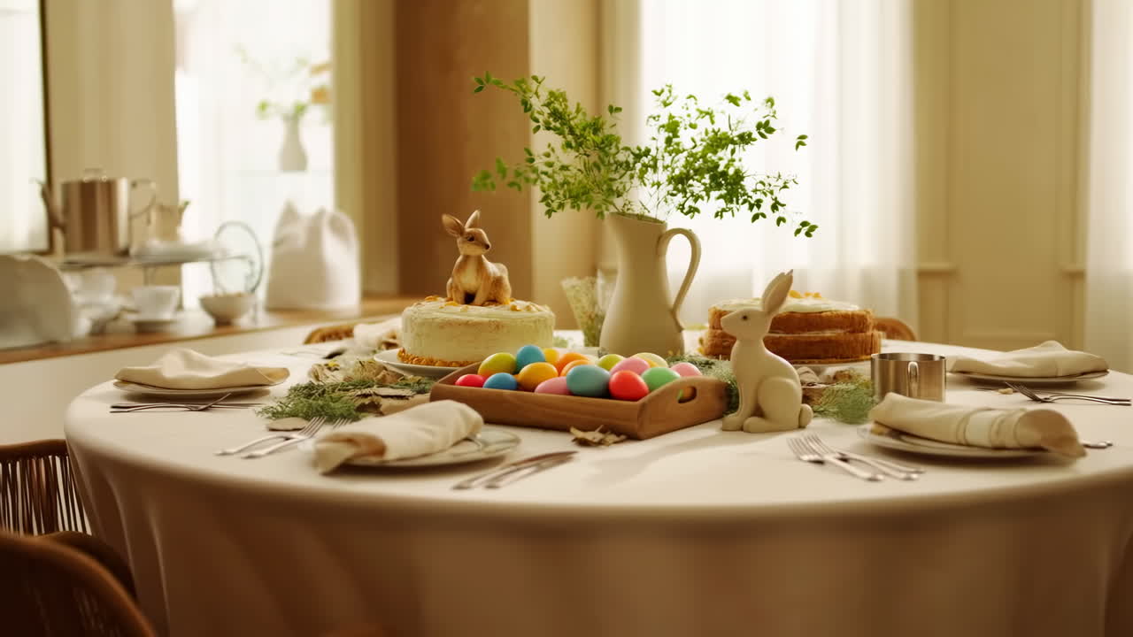 Festive Easter Dining Table Set with Colorful Eggs and Cakes