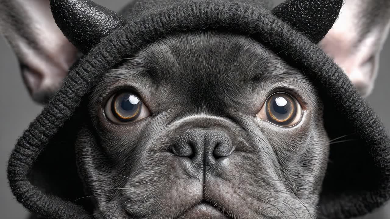 A Captivating Portrait of a French Bulldog in a Dark Hooded Costume, Exuding Charm and Quirkiness with its Playful Expression and Unique Attire