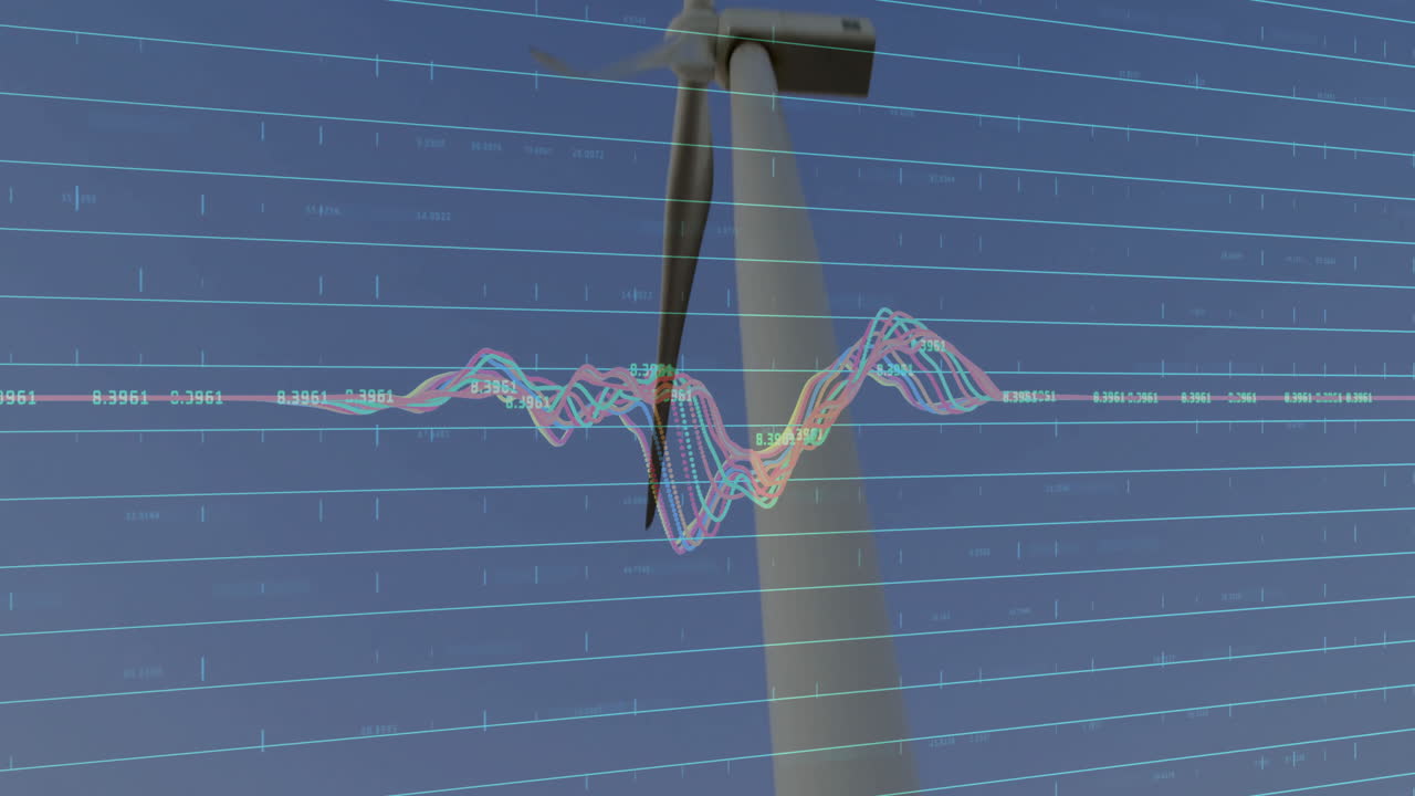 파란색 바탕에 데이터 분석 애니메이션과 함께 회전하는 풍력 터빈