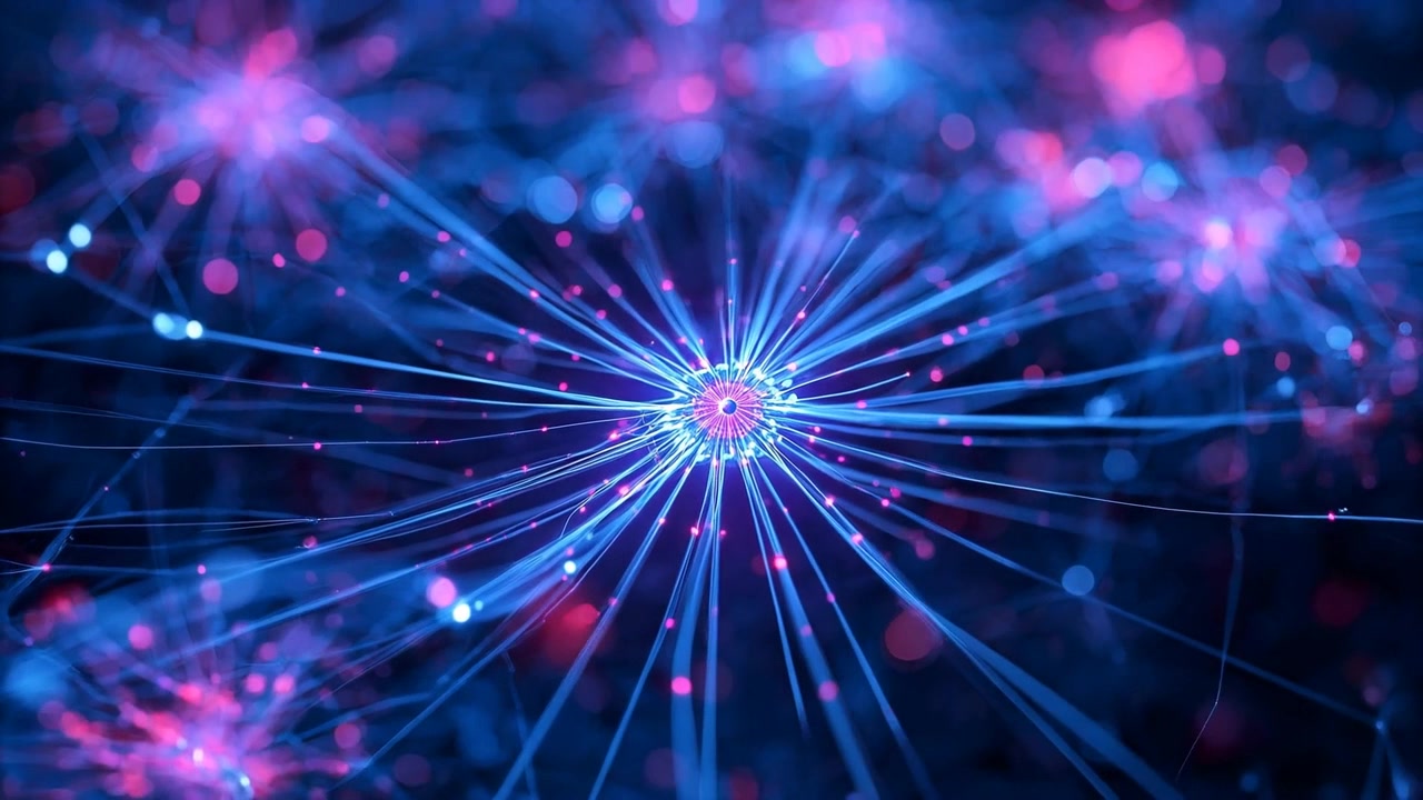 Nodo centrale pulsante che emette, inviando punti ciano e magenta lungo filamenti blu che visualizzano la rete.