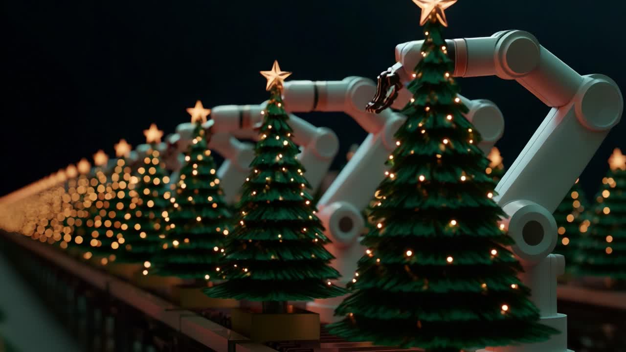 A mesmerizing display of robotic technology and Christmas spirit, featuring automated robotic arms meticulously arranging beautifully lit Christmas trees adorned with twinkling lights and golden stars, creating a festive atmosphere