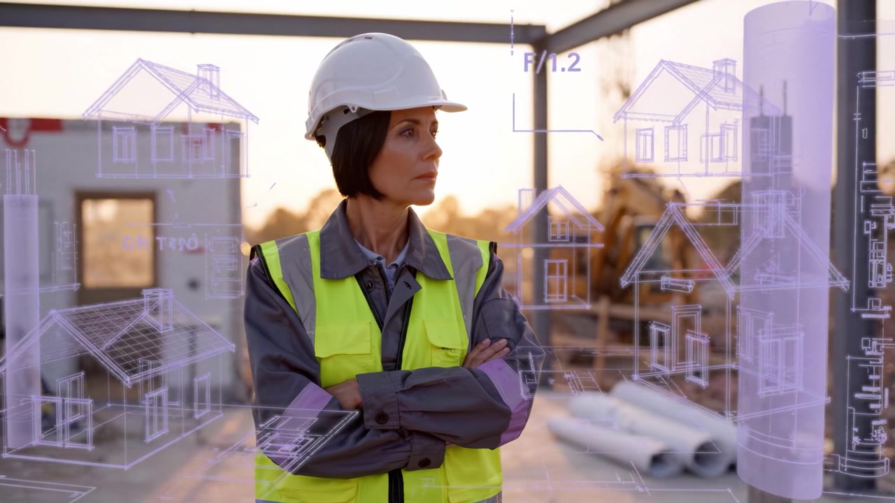 Mujer con equipo de construcción supervisando el desarrollo de un sitio con planos, mientras el sol se pone, simbolizando progreso y planificación en la industria de la construcción.